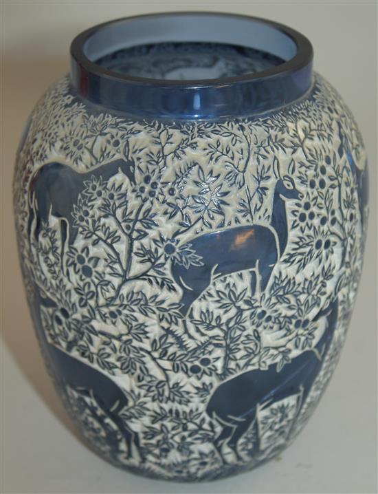 A Rene Lalique Biches cobalt blue glass vase, introduced 1932, 17cm, extensive cracks